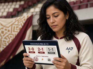 Mujer peruana comparando marcadores que ganan o pierden el mercado más de 1.5 goles de Universitario