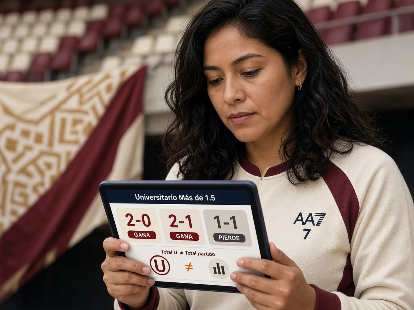 Mujer peruana comparando marcadores que ganan o pierden el mercado más de 1.5 goles de Universitario