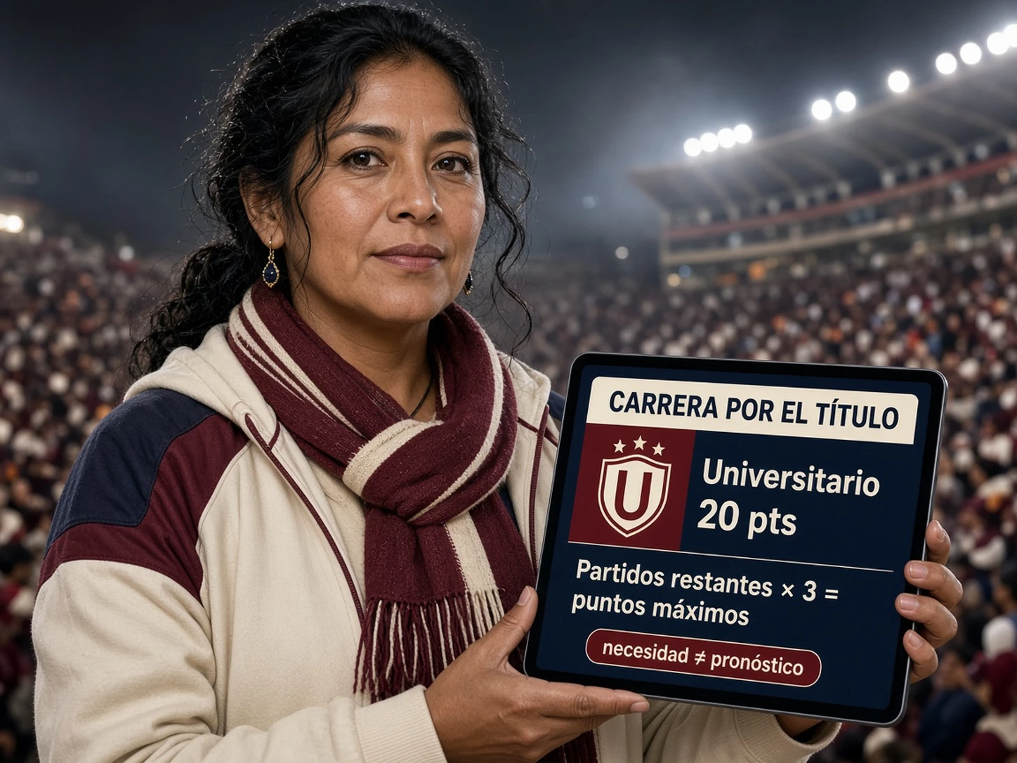 Mujer peruana analizando puntos disponibles, tabla y escenarios de Universitario en la pelea por el título