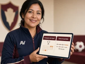 Mujer peruana comparando en una pantalla el mercado Universitario campeón de Liga 1 con el mercado Universitario gana un partido