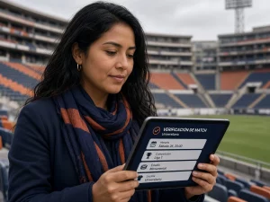 Mujer peruana verificando horario, competición, estadio y localía antes de apostar a Universitario