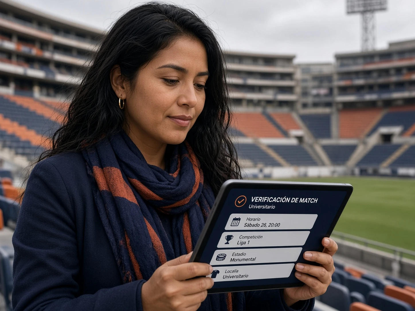 Mujer peruana verificando horario, competición, estadio y localía antes de apostar a Universitario