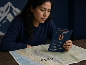 Mujer peruana analizando viaje, altura y sede de Universitario como visitante