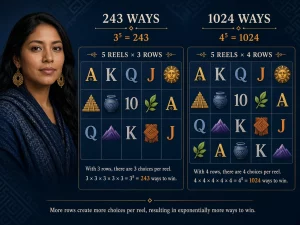 Mujer peruana comparando una tragamonedas de 243 Ways con una de 1024 Ways to Win mediante dos grillas