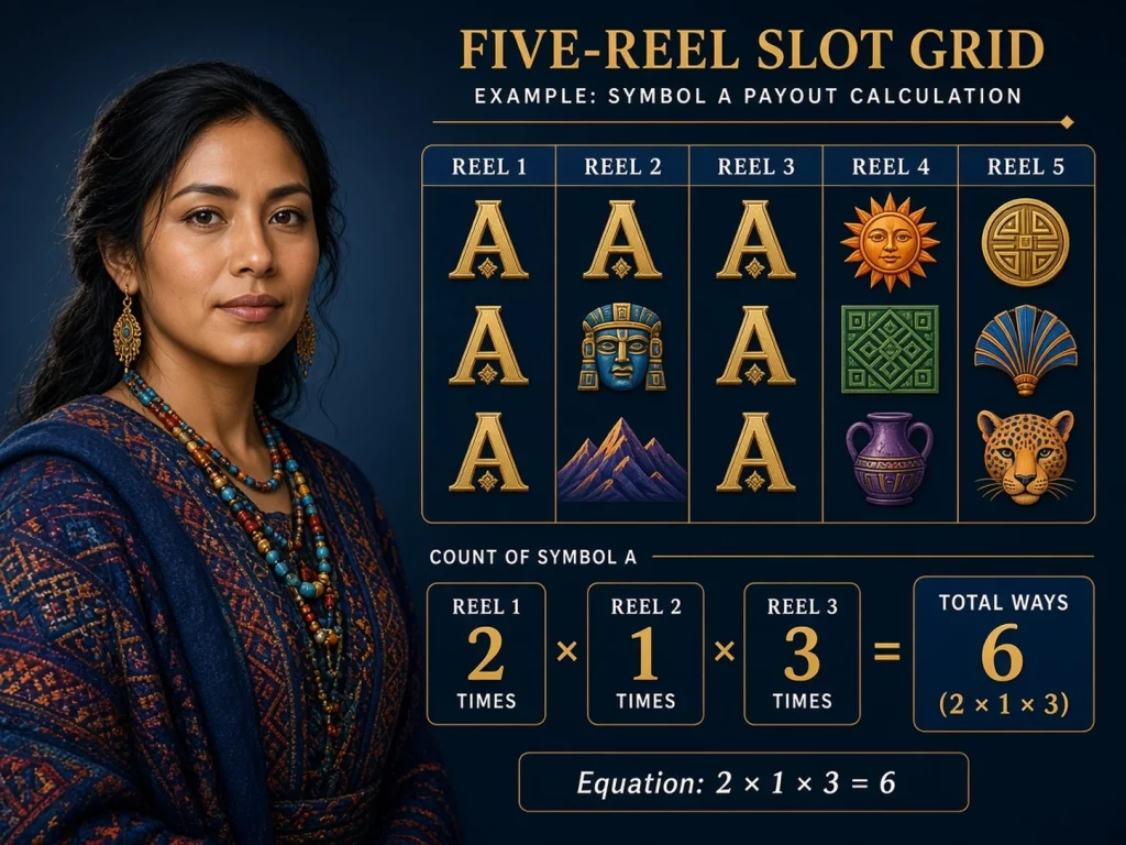 Mujer peruana calculando combinaciones Ways to Win con varias copias del mismo símbolo en rodillos consecutivos